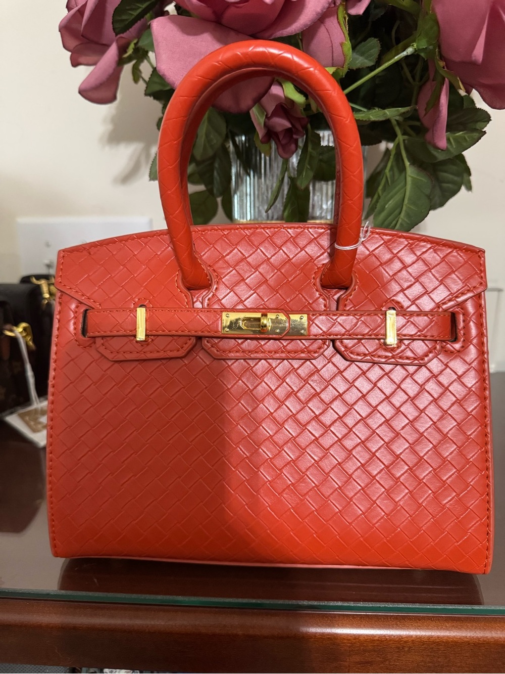 Women's Dark Orange Woven Leather Top-Handle Bag